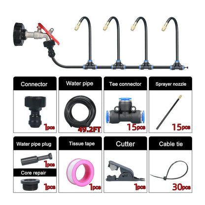 Components of the 5M-20M greenhouse drip irrigation kit including connectors, pipes, sprayers, tape, cutter, and cable ties
