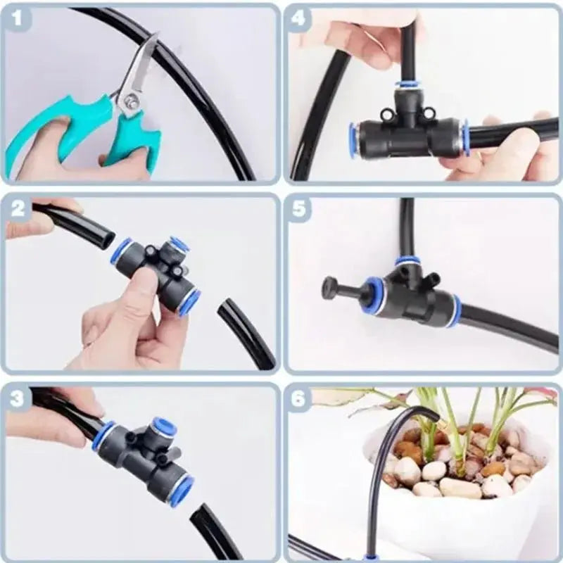 Step-by-step assembly of greenhouse drip irrigation kit tubes and connectors for automatic plant watering system