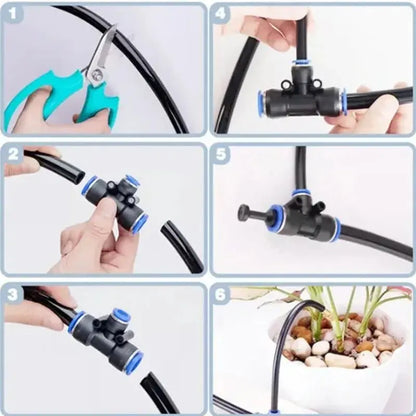 Step-by-step assembly of greenhouse drip irrigation kit tubes and connectors for automatic plant watering system