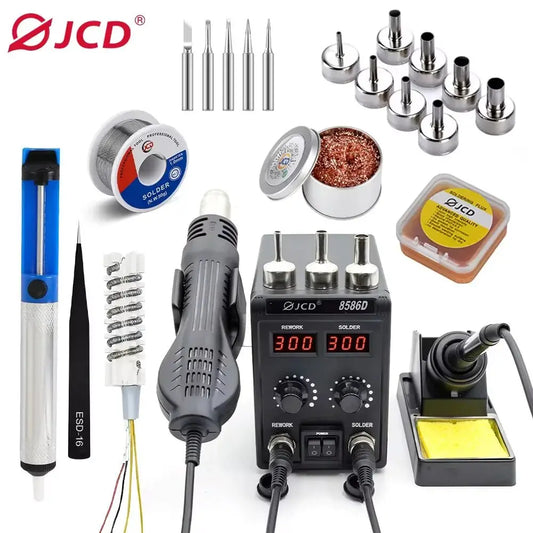 750W 2in1 LCD digital soldering and hot air station kit with multiple nozzles, solder wire, tweezers, and cleaning accessories