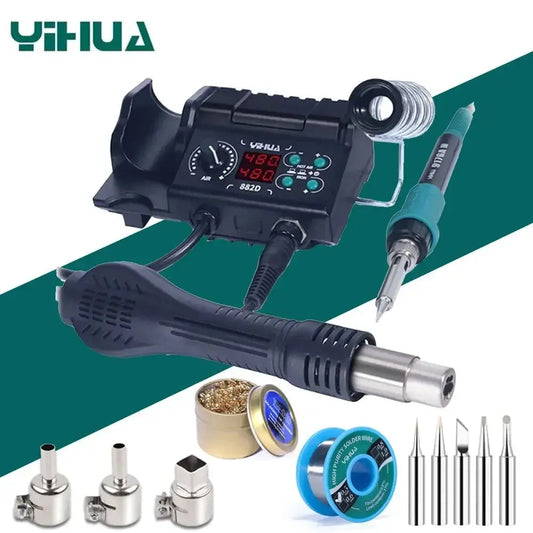 750W 2in1 LCD soldering station with hot air gun, soldering iron, multiple nozzles, and solder wire spool kit