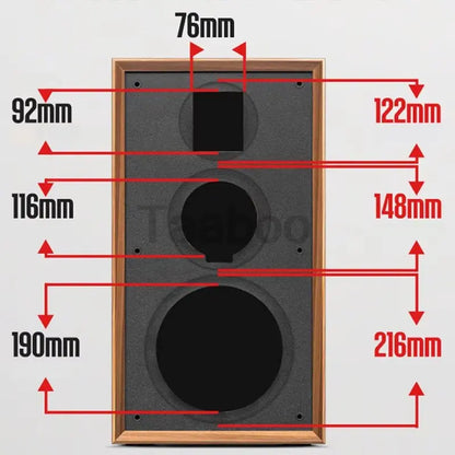 Front view of 8 inch three-way labyrinth wooden speaker box with detailed hole measurements in millimeters