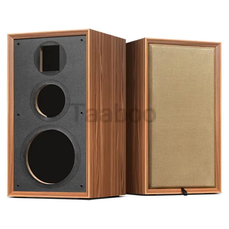 Pair of 8 inch DIY three-way wooden bookshelf speaker boxes with one front covered in beige fabric grille