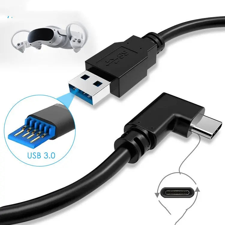 Black 5m USB 3.0 to USB-C elbow charging cable for VR accessories with close-up on connectors and VR headset illustration