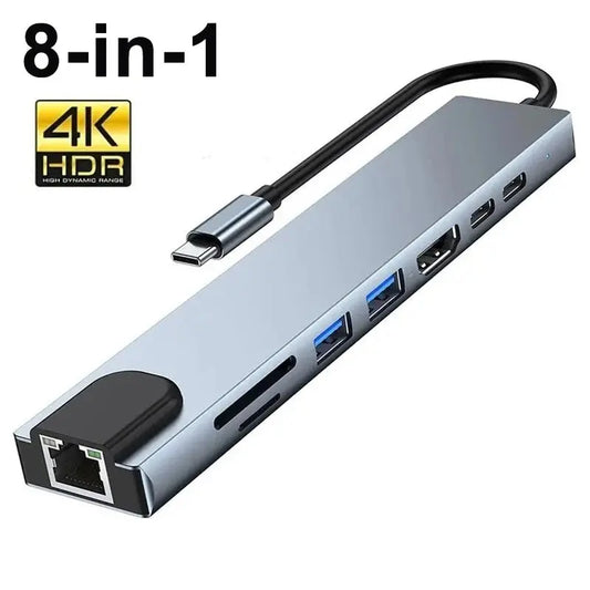 Sleek 8-in-1 USB-C hub with 4K HDMI, PD charging, SD card reader, RJ45 Ethernet, and multiple USB ports