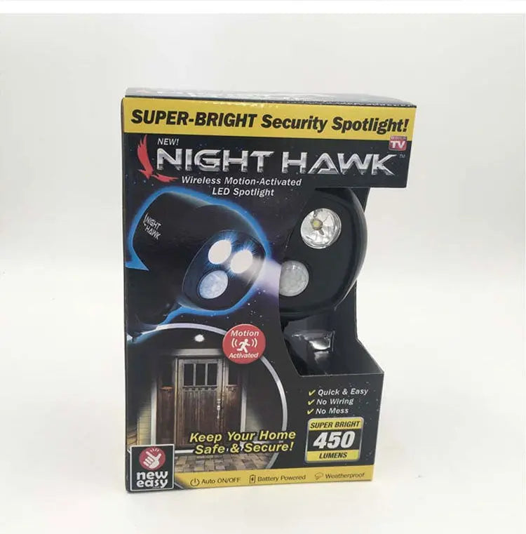 Night Hawk wireless motion-activated LED security spotlight with 450 lumens, battery powered and weatherproof in packaging view