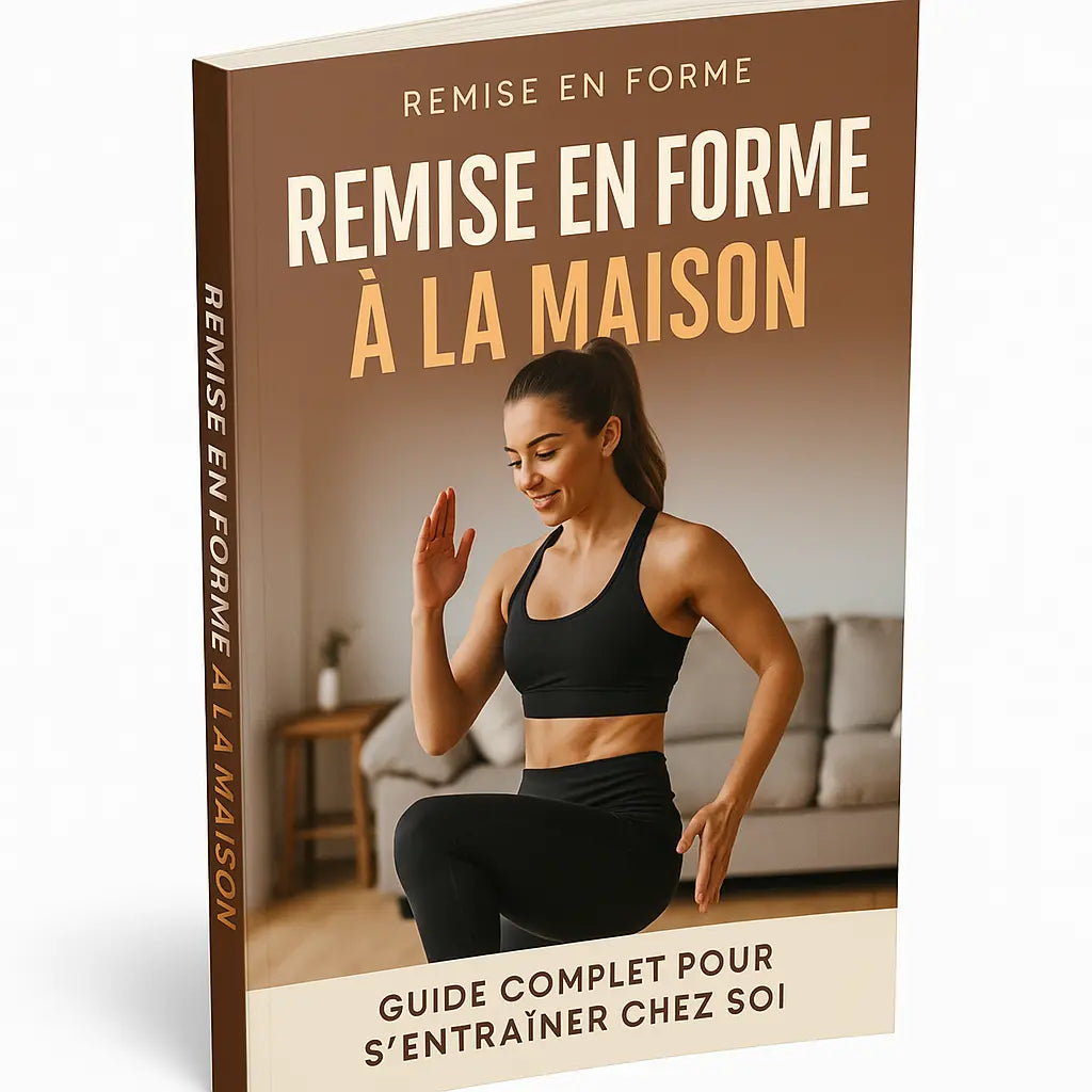 Fitness ebook cover showing a woman exercising at home with title "Remise en forme à la maison" in French