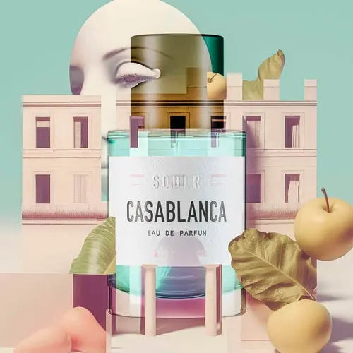 SOBER CASABLANCA Eau de Parfum bottle with artistic Marrakech-inspired background featuring green apples and leaves