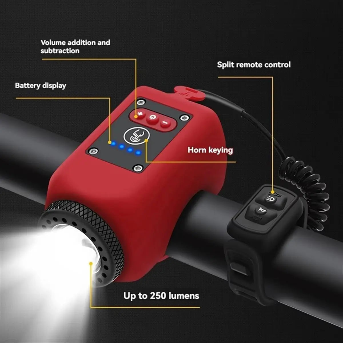 Close-up of red ABMO bike light and horn set mounted on handlebar with remote control and battery indicator lights