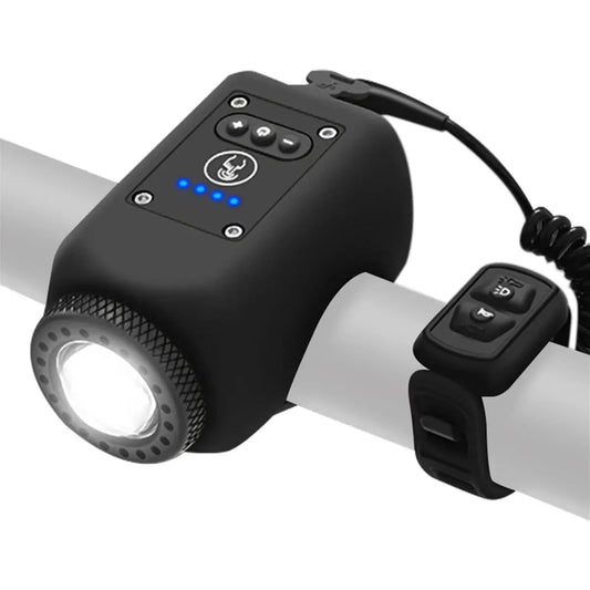 Close-up of black ABMO rechargeable bike light and horn 2-in-1 set mounted on white handlebar with control buttons and indicator lights