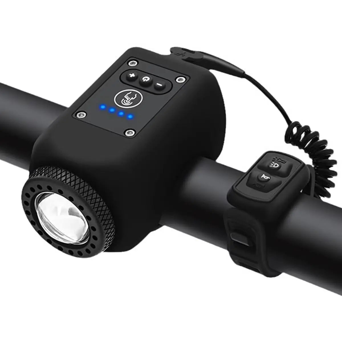 Close-up of ABMO black bike light and horn 2-in-1 set mounted on a bike handlebar with control buttons and LED indicators