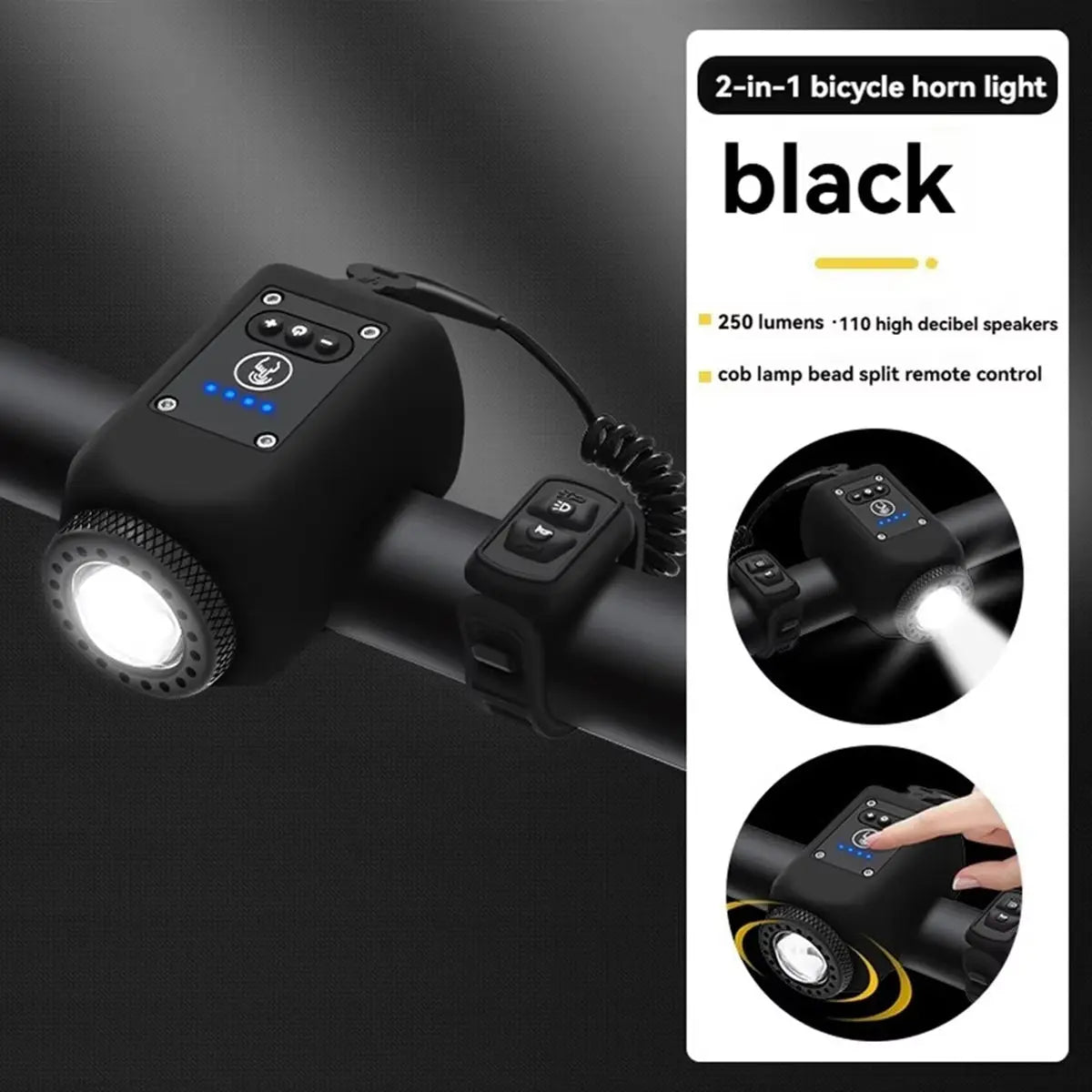 Black 2-in-1 bike horn and light mounted on handlebar with remote control and LED display buttons illuminated