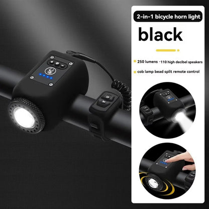 Black 2-in-1 bike horn and light mounted on handlebar with remote control and LED display buttons illuminated