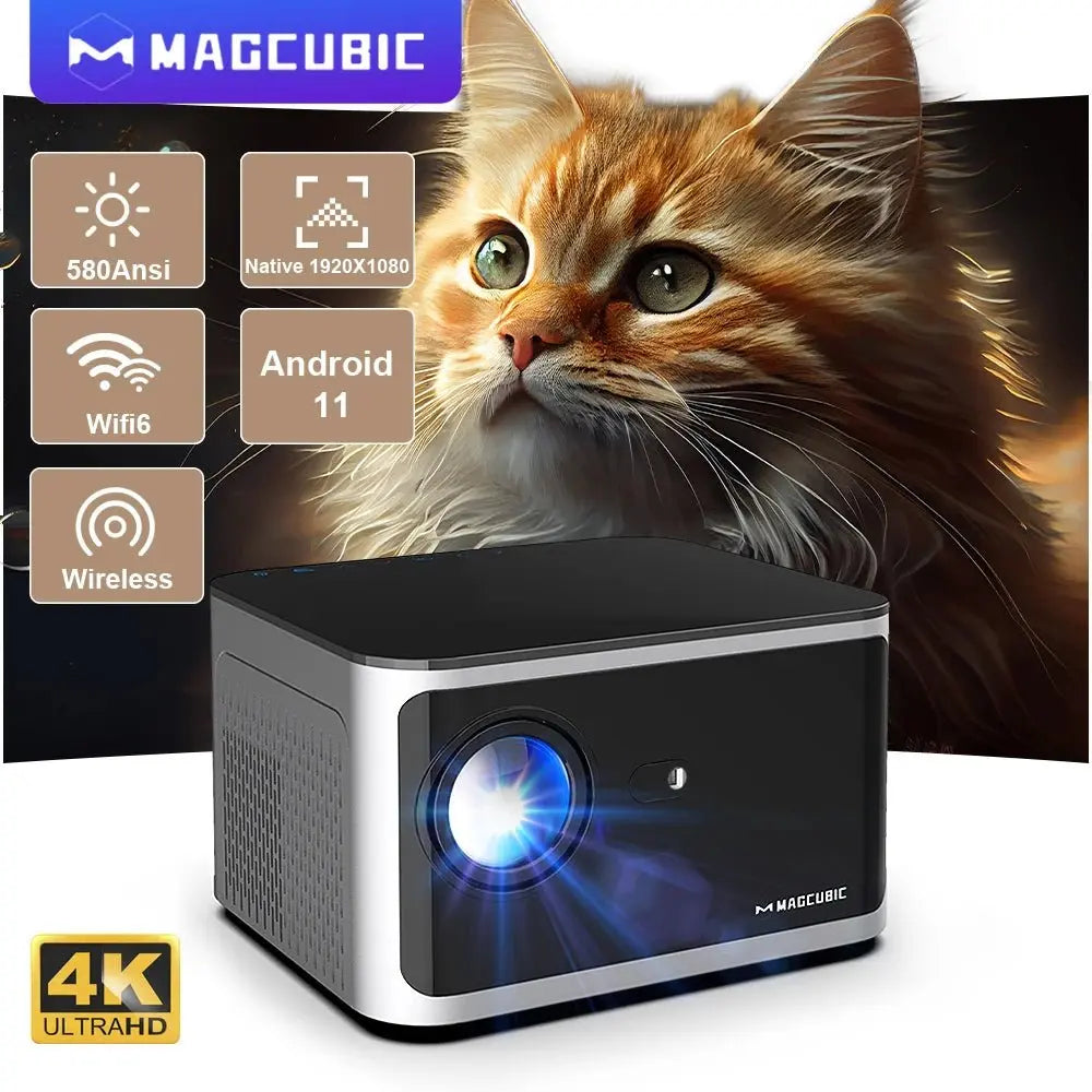 MAGCUBIC Android 11 4K smart projector with 580 ANSI lumens, 1920x1080P resolution, WiFi6, and wireless connectivity