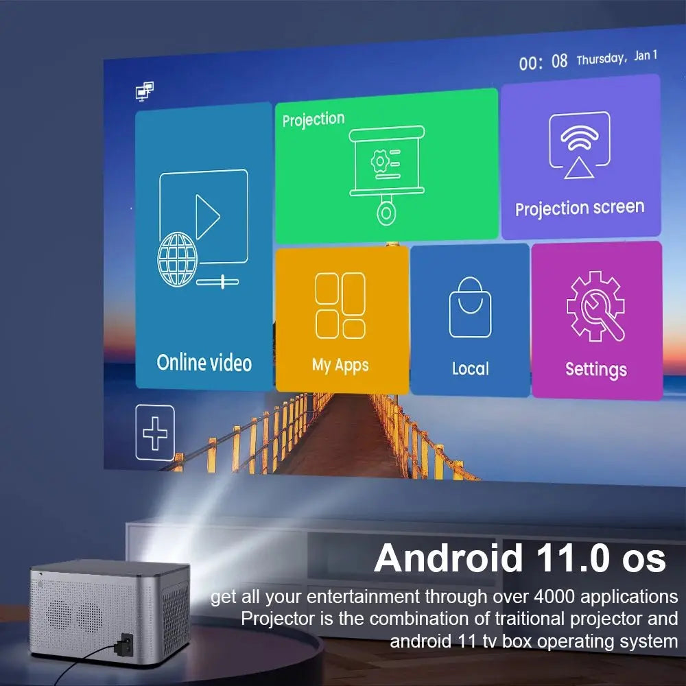 Android 11 smart projector displaying home screen with app icons for online video, projection, and settings on projected image