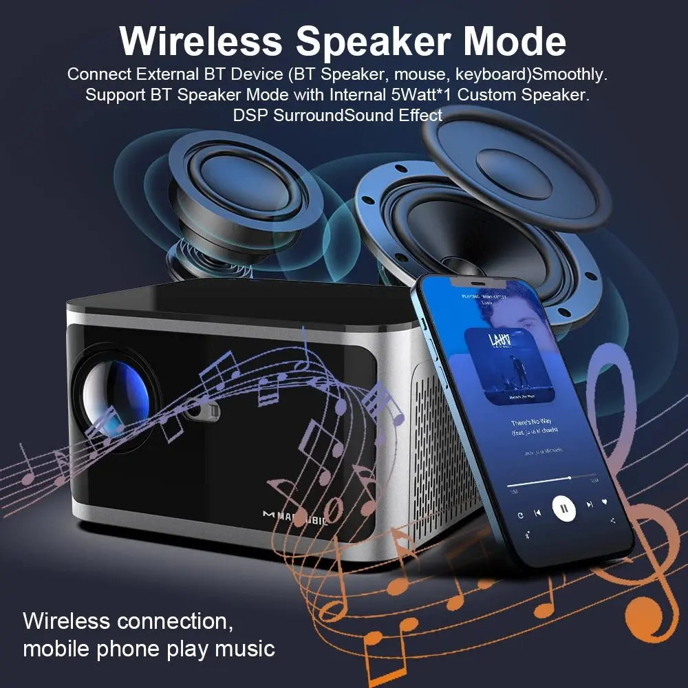Compact wireless speaker mode feature of Android 11 4K smart projector with Bluetooth and mobile music playback