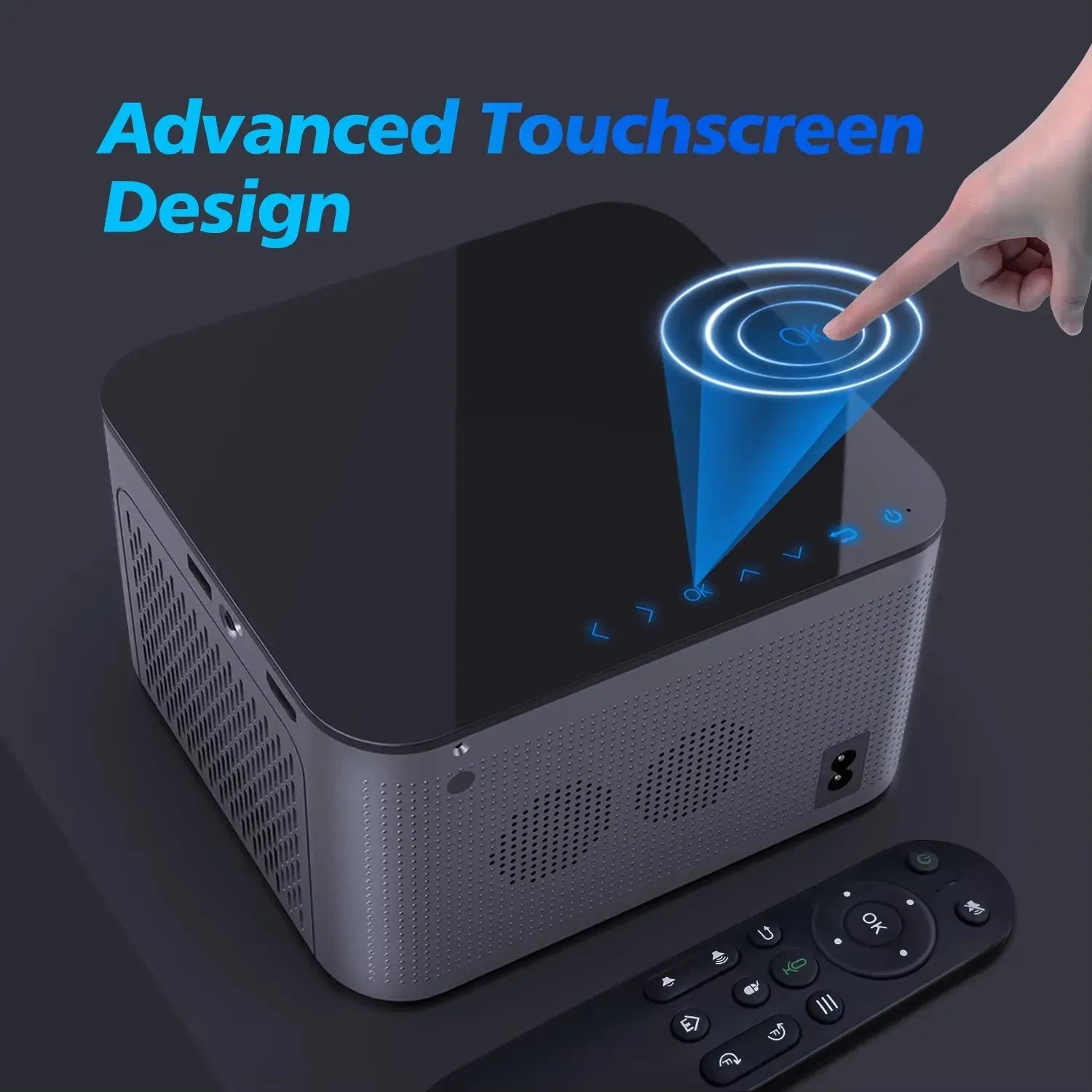 Top view of Android 11 4K Smart Projector with advanced touchscreen control panel and black remote on dark surface