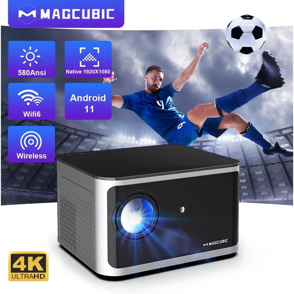 Compact black Magcubic Android 11 smart projector with 4K UHD, 580 ANSI lumens, WiFi6, and wireless connectivity features