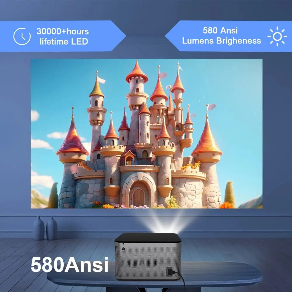 Android 11 4K Smart Projector displaying a colorful castle image with 580 ANSI lumens brightness and LED lifetime info