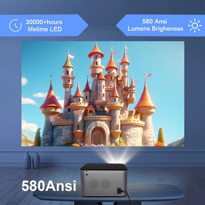 Android 11 4K Smart Projector displaying a colorful castle image with 580 ANSI lumens brightness and LED lifetime info