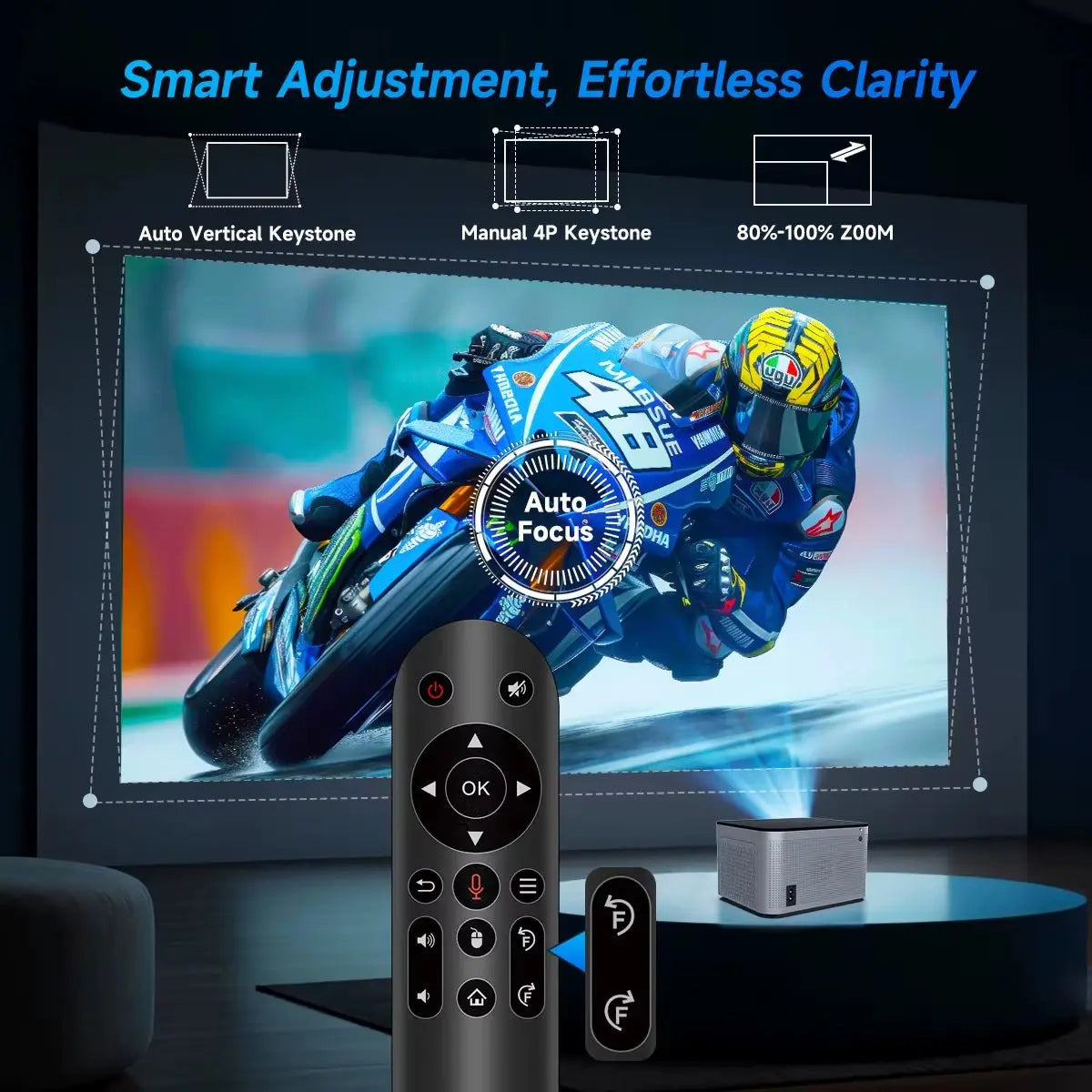 Android 11 4K Smart Projector displaying motorcycle race with remote control and smart adjustment features icons visible