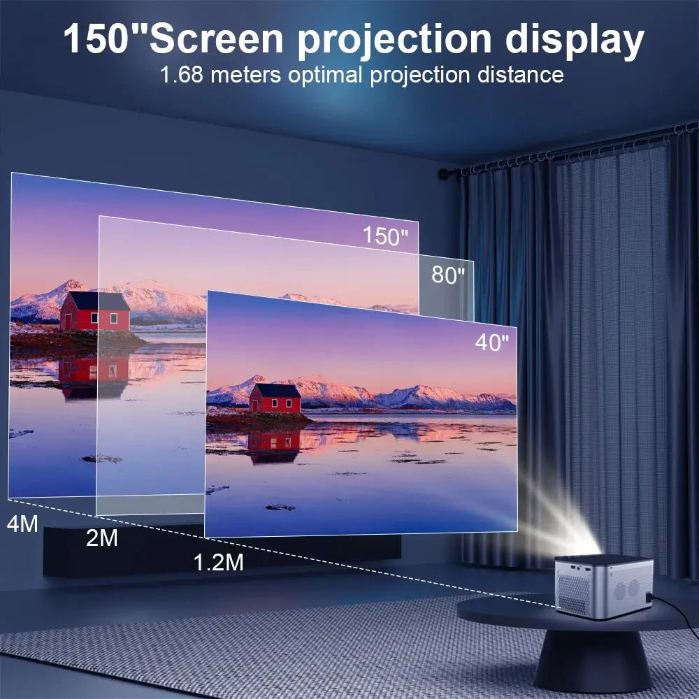 Home cinema room with white Android 11 4K smart projector displaying multiple screen sizes from 40" to 150