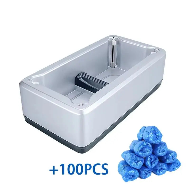 Portable Automatic Shoe Cover Dispenser with hand-free design and anti-slip base, including 100 blue disposable shoe covers