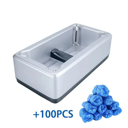 Portable Automatic Shoe Cover Dispenser with hand-free design and anti-slip base, including 100 blue disposable shoe covers