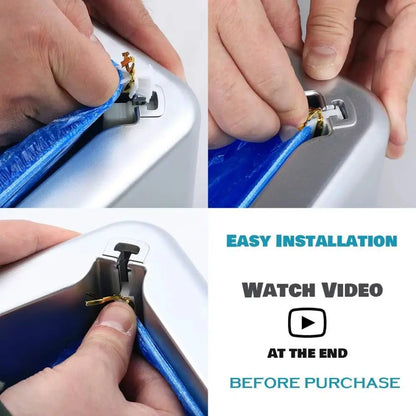 Close-up views of hands installing blue shoe cover film on automatic shoe cover dispenser machine edge
