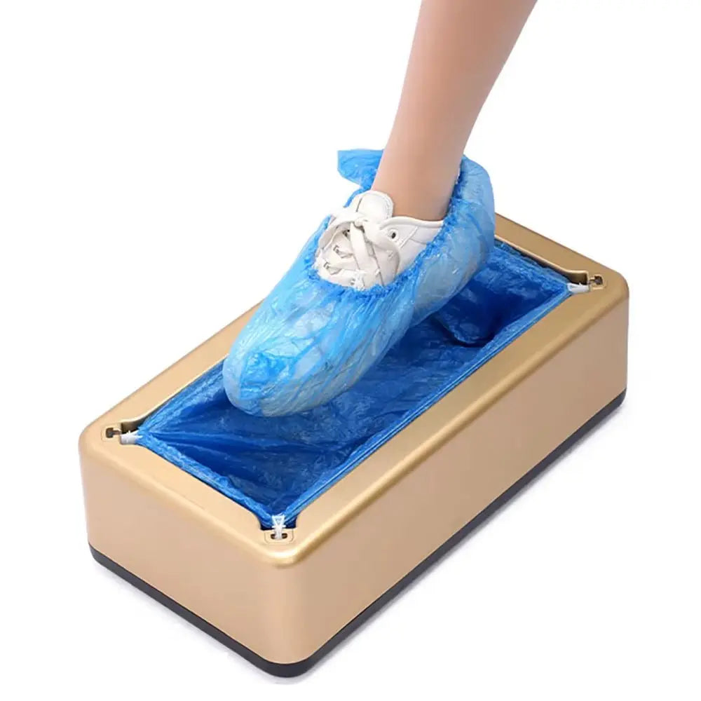 Automatic shoe cover dispenser machine with hand-free operation and blue plastic shoe cover on white sneaker