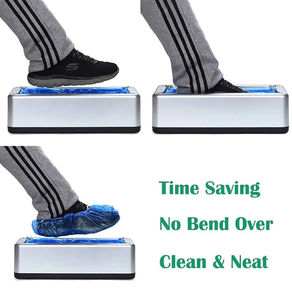 Person wearing black sneakers and grey track pants using silver automatic shoe cover dispenser with blue covers