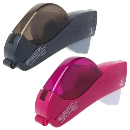 Pair of hand-held automatic tape dispensers in black and pink with ergonomic design for easy cutting and dispensing