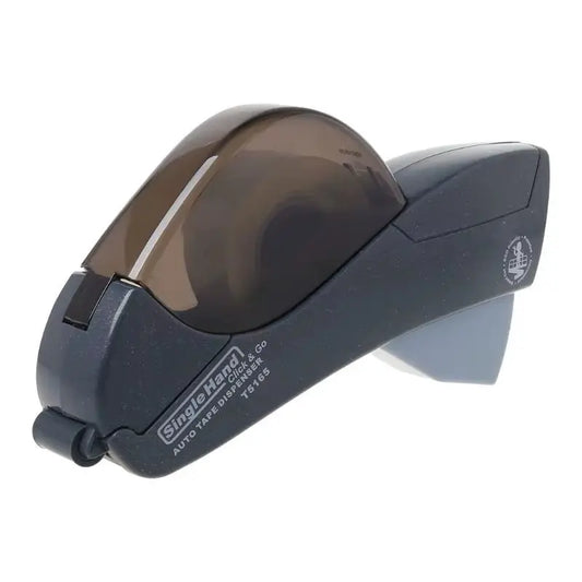 Compact black and translucent brown automatic tape dispenser with ergonomic handle and press cutter for office use