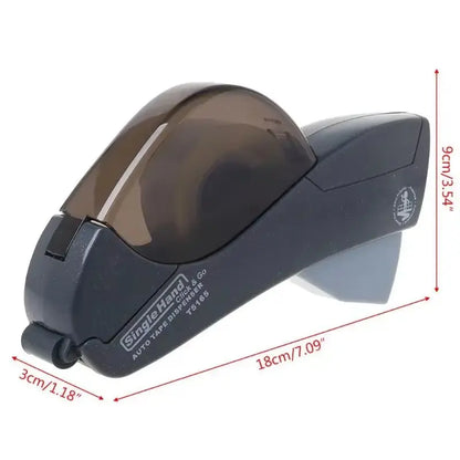 Side view of black automatic tape dispenser hand-held press cutter with ergonomic design and measurement markings