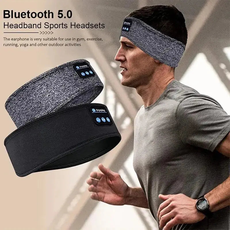 Man wearing grey Bluetooth 5.0 sleep headband headphones while running with two headband color options displayed beside him