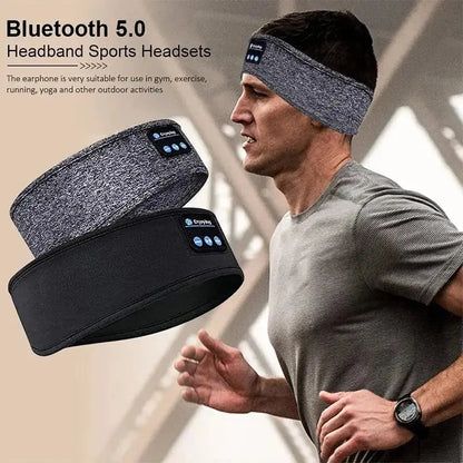 Man wearing grey Bluetooth 5.0 sleep headband headphones while running with two headband color options displayed beside him
