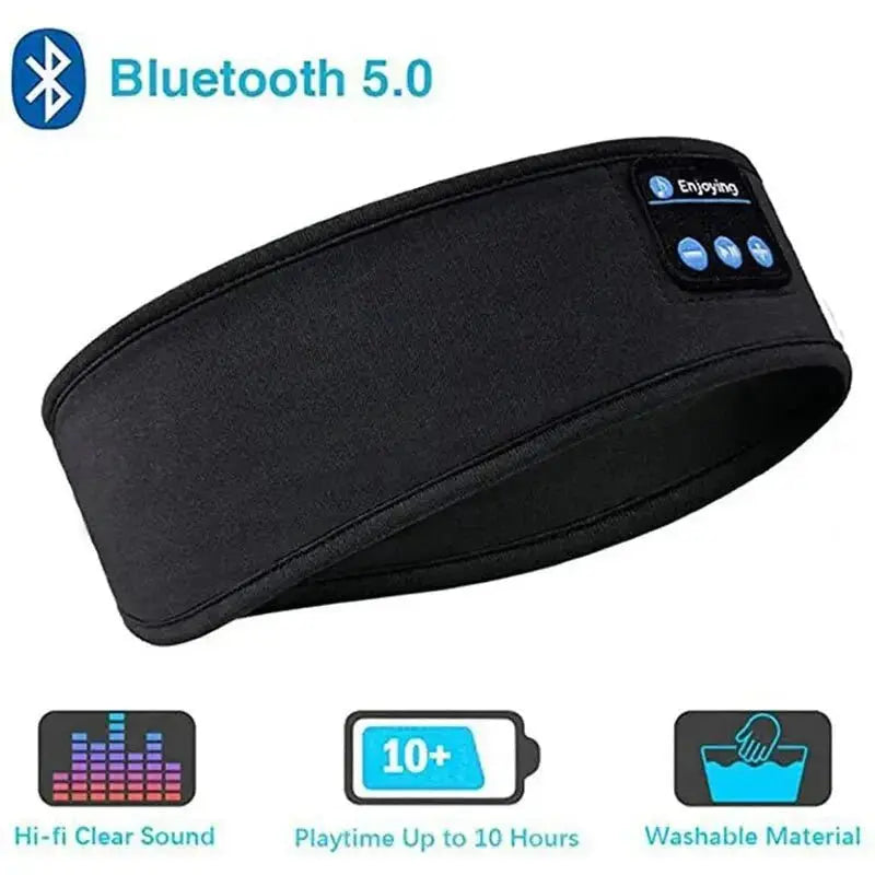 Black Bluetooth 5.0 sleep headband with built-in wireless headphones and control buttons on soft fabric band