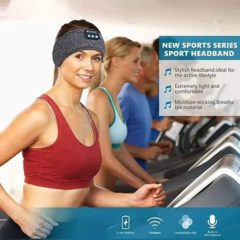 Woman wearing grey Bluetooth sleep headband with built-in speakers exercising on treadmill in gym setting