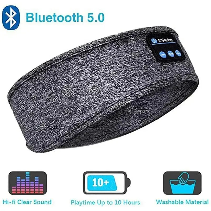 Grey Bluetooth 5.0 sleep headband with built-in speakers, control buttons, and washable fabric for wireless comfort