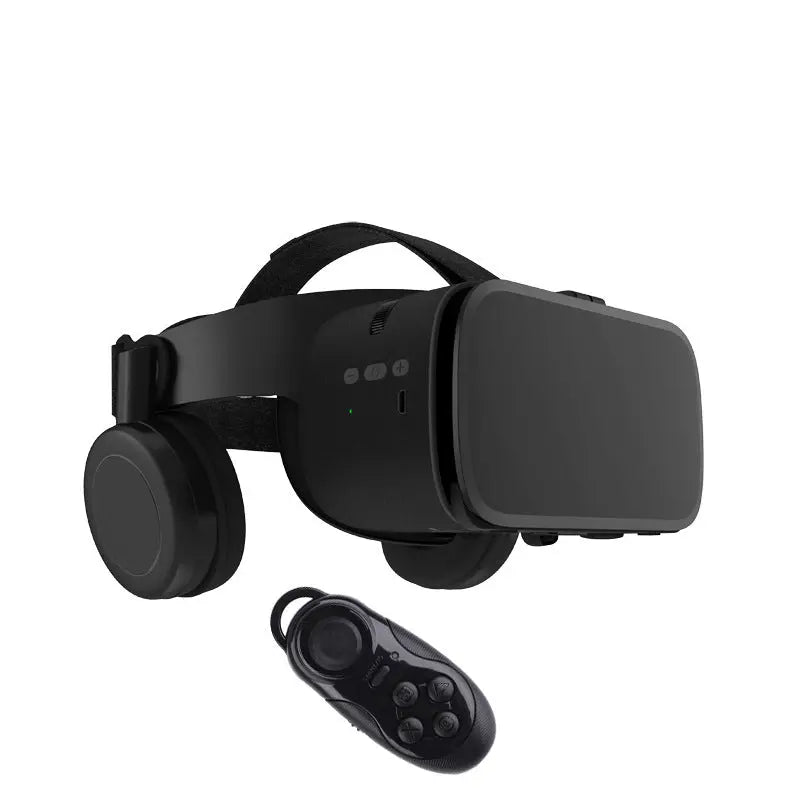 Black Bluetooth wireless VR headset with adjustable straps, integrated headphones, and handheld remote controller on white background