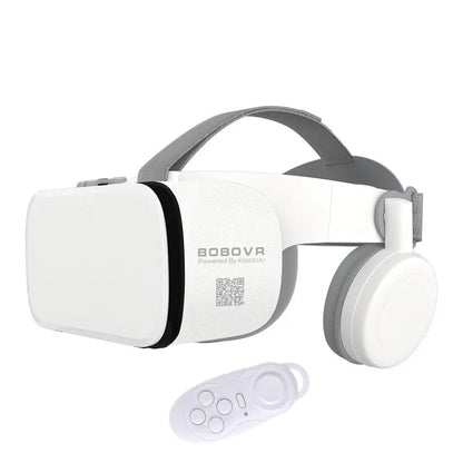 White Bluetooth wireless VR headset with built-in headphones and matching compact remote control device