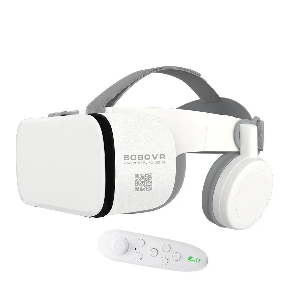 White BOBOVR Bluetooth wireless VR glasses headset with built-in headphones and matching remote controller on white background