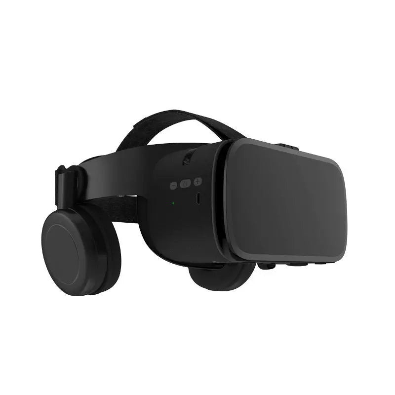 Black Bluetooth wireless VR headset with built-in headphones and adjustable head strap, front view on white background
