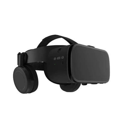 Black Bluetooth wireless VR headset with built-in headphones and adjustable head strap, front view on white background