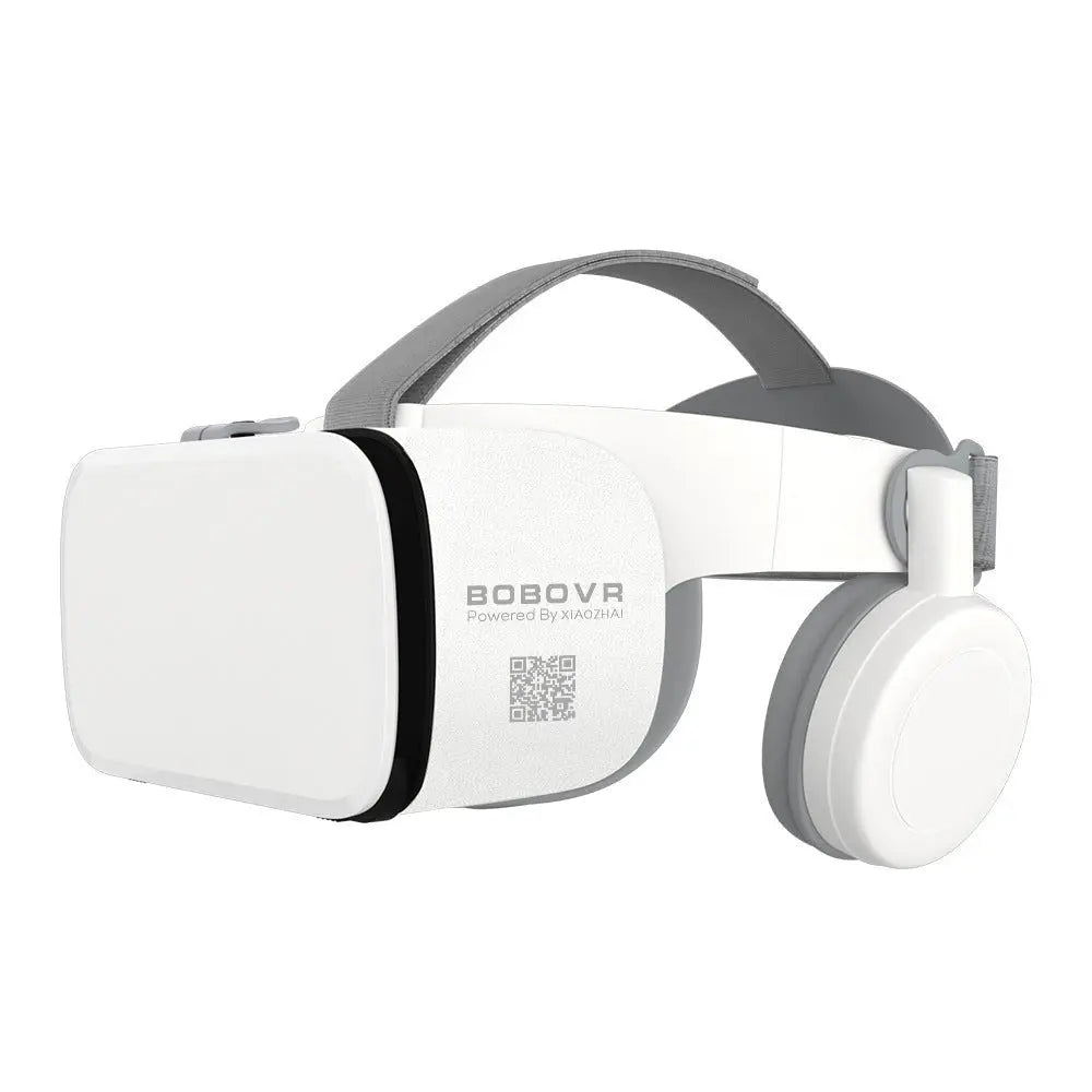 White Bluetooth wireless VR headset with built-in over-ear headphones and adjustable head strap design