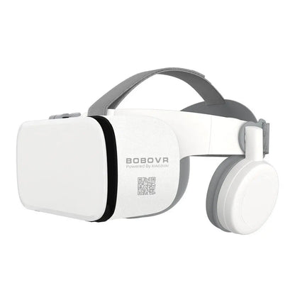 White Bluetooth wireless VR headset with built-in over-ear headphones and adjustable head strap design