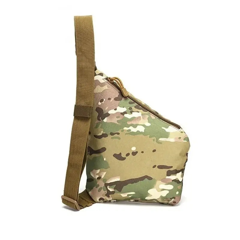 Side view of camouflage tactical chest bag for men with adjustable single shoulder strap and waterproof nylon material