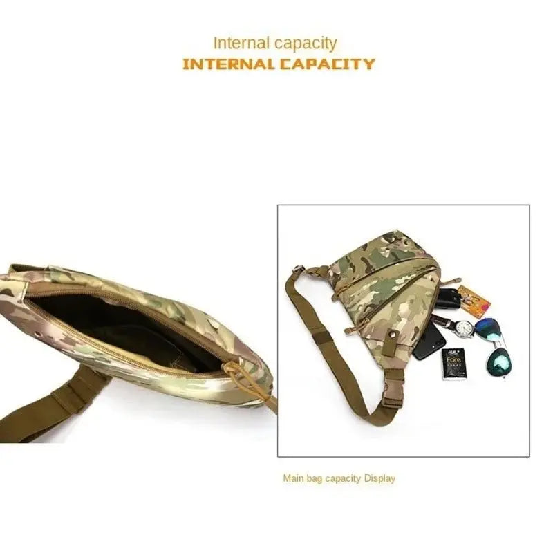 Open camouflage tactical chest bag showing internal capacity with items like sunglasses, watch, and cards displayed nearby