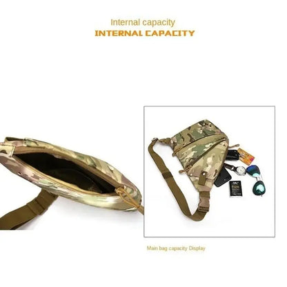 Open camouflage tactical chest bag showing internal capacity with items like sunglasses, watch, and cards displayed nearby