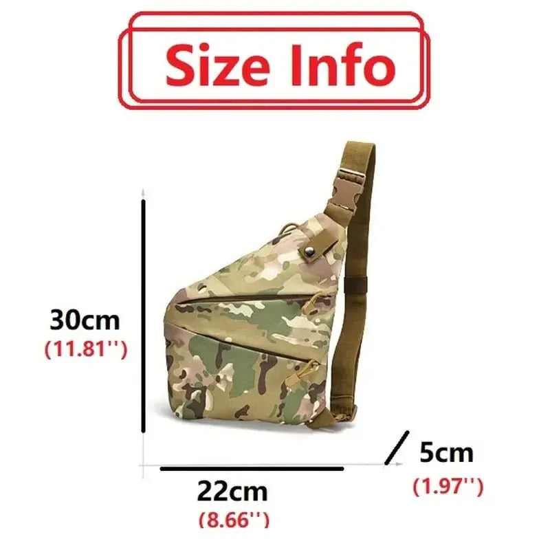 Camouflage tactical chest bag for men showing dimensions 30cm height, 22cm width, and 5cm depth with single shoulder strap